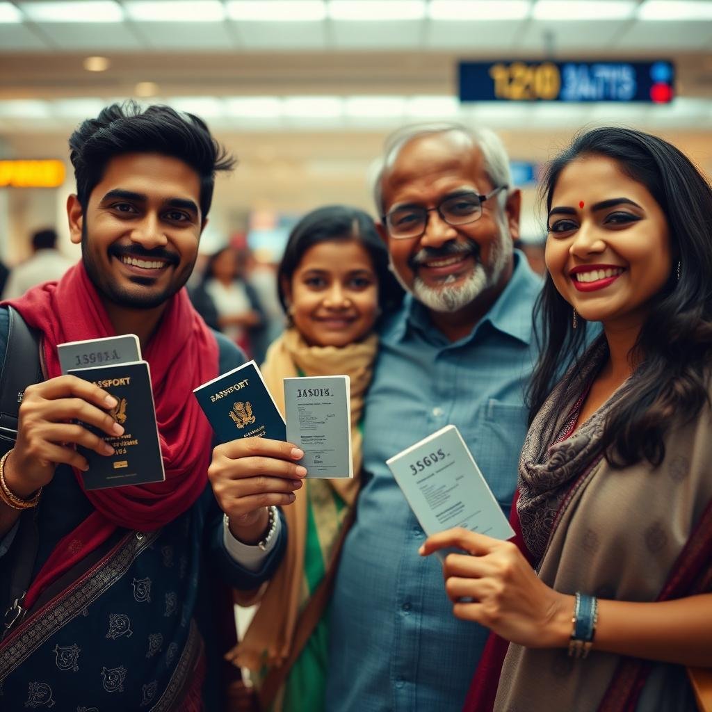 Indian family celebrating a visa approval at the airport