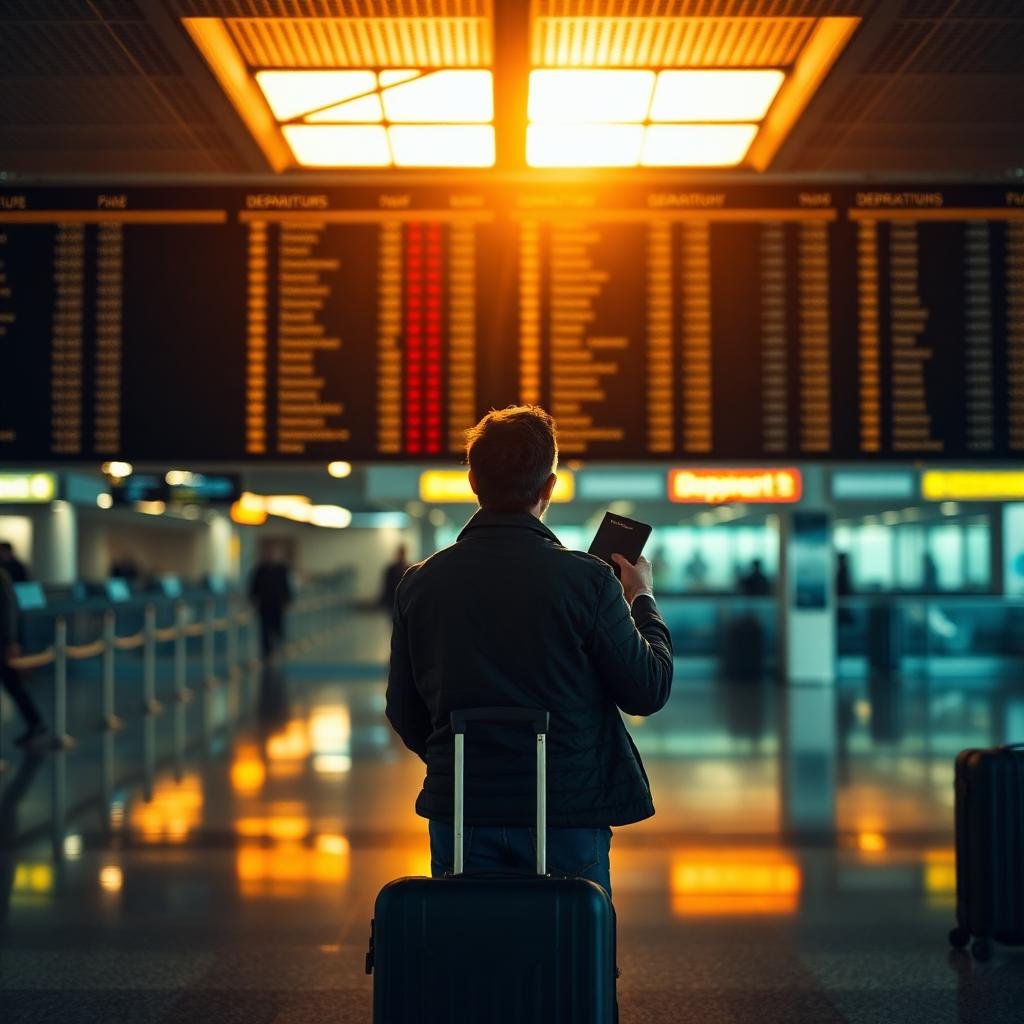 Traveller at international airport departures